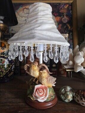 Vintage Ceramic Bird Table Lamp with Crystal Fringe and Pink Rose